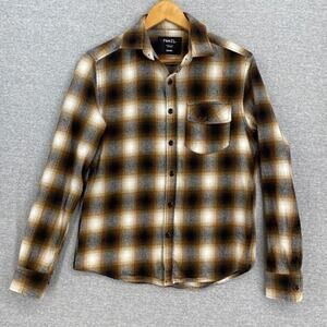 Rue 21 Shirt Mens Small Brown Cream Grey Plaid Long Sleeve Collar Pocket